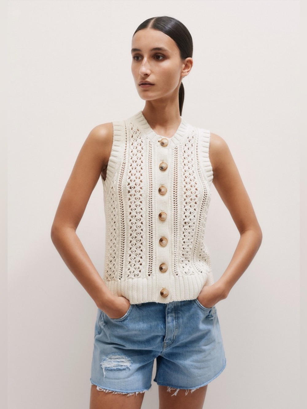 ME + EM Cotton Open Stitch Sweater Vest in cream - Picture 2 of 7